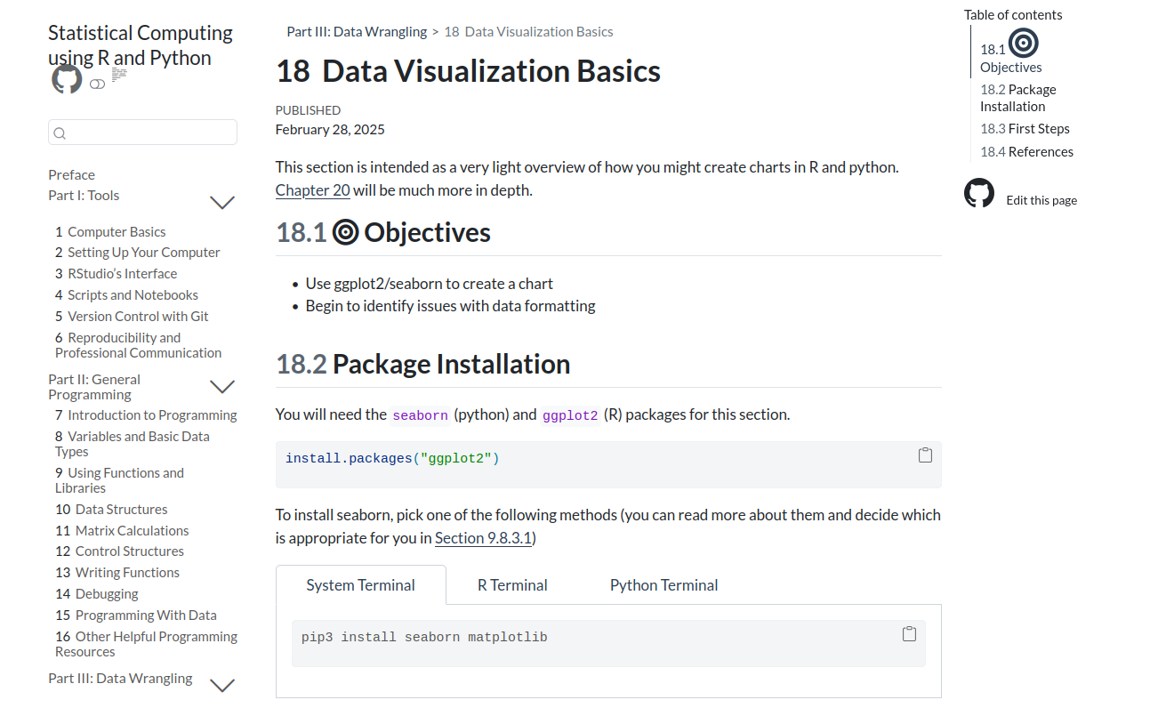 Screenshot of the data visualization basics chapter of the textbook, found at https://srvanderplas.github.io/stat-computing-r-python/part-wrangling/02-basic-data-vis.html.