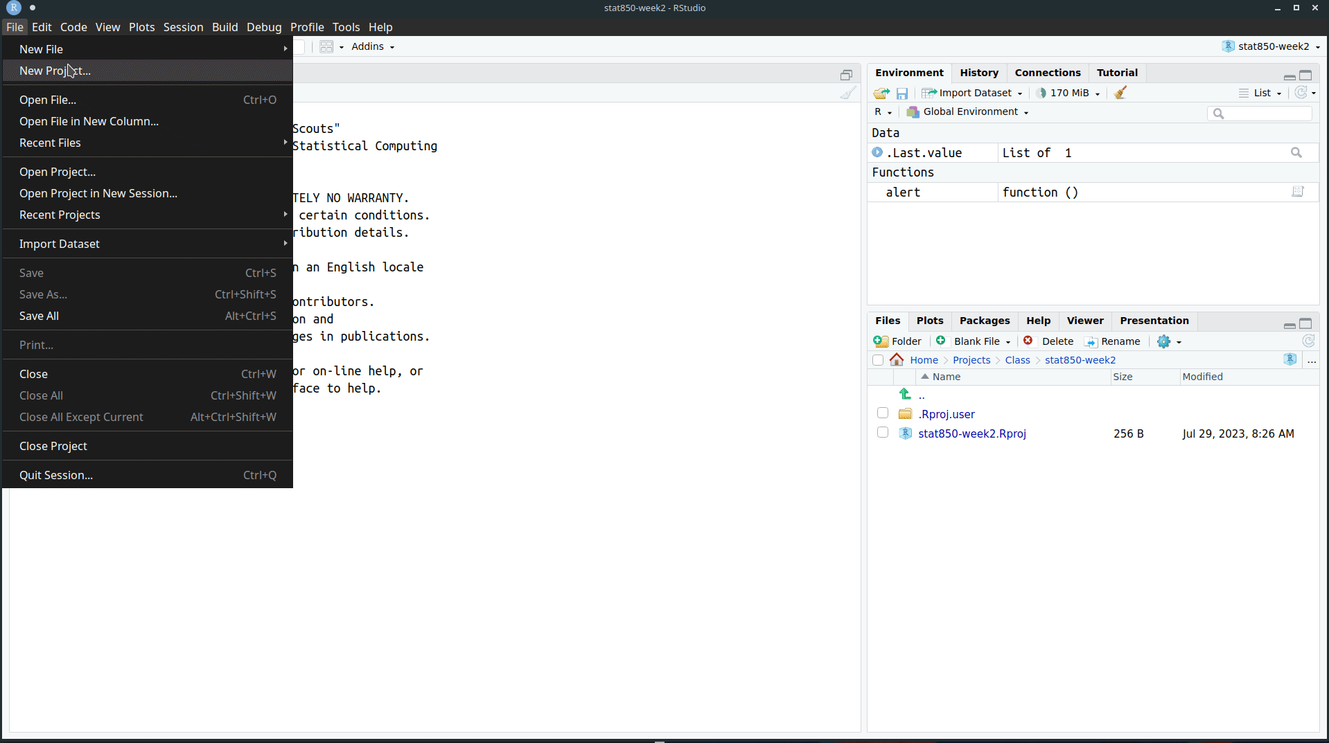 Gif of creating an RStudio Project. Go to File -> New Project -> New Directory -> New Project. Fill in the directory name (stat251-week2) and decide if you would like to create a git repository (not necessary for this). Click Create Project. Notice that the file path is now set to the location of the project folder. If you put your files into this folder, you can reference those file names without using a complicated path.