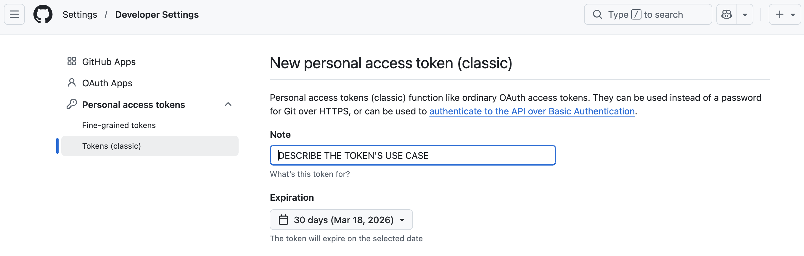 Screenshot of a github user's Settings > Developer Settings > Personal access token > Tokens (classic)