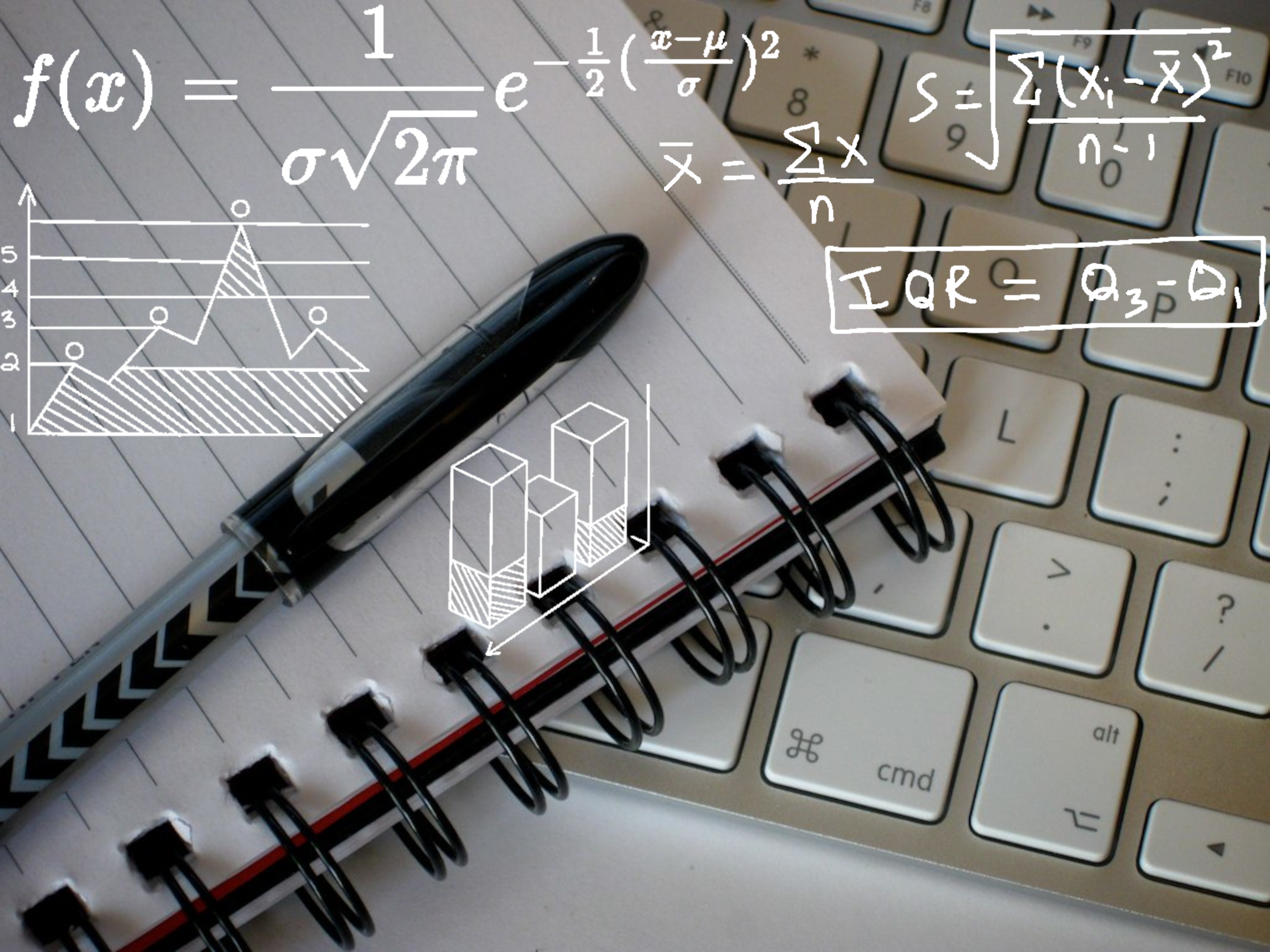 A background image of a laptop keyboard with a notebook and pen laid on top. Handwritten and typed formulas for the normal distribution pdf, calculation of sample mean and standard deviation, and interquartile range are superimposed on top, along with two charts.