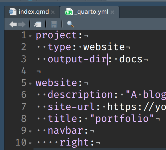 A screenshot of _quarto.yml with changes: Add a line under project: that is indented two spaces and says 'output-dir: docs'. Save the file.