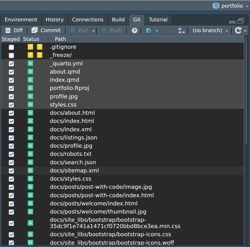A screenshot of all of the files you will commit to git on the first run, after you have compiled your blog.
