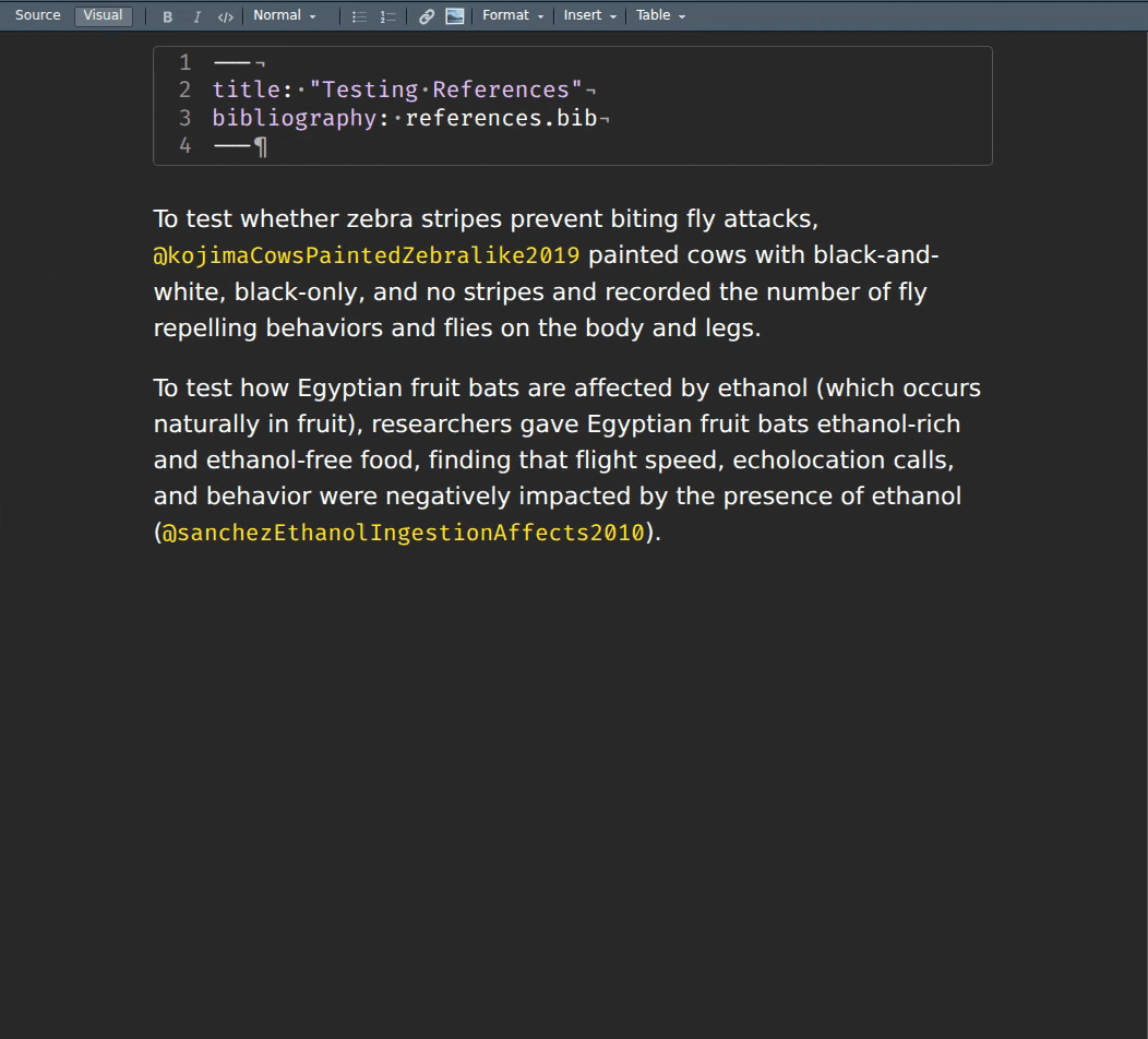 A short gif showing RStudio's zotero connection function in visual mode.