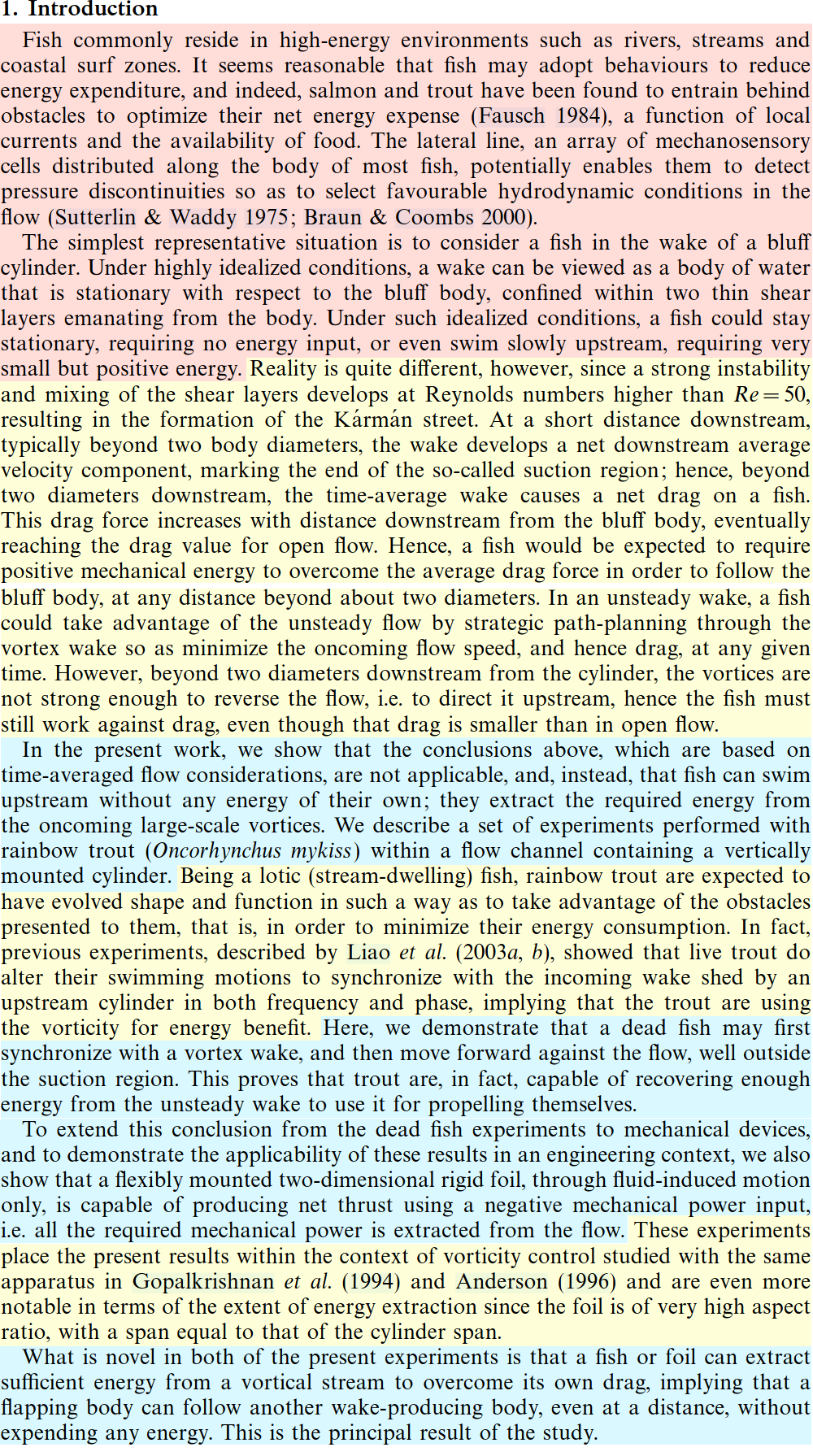 The introduction to Beal et al 2006, https://doi.org/10.1017/S0022112005007925, highlighted according to big picture, narrowed context, and this experiment.