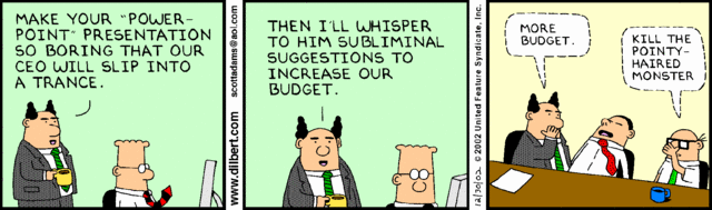 Dilbert comic about hypnotising the CEO with a boring powerpoint