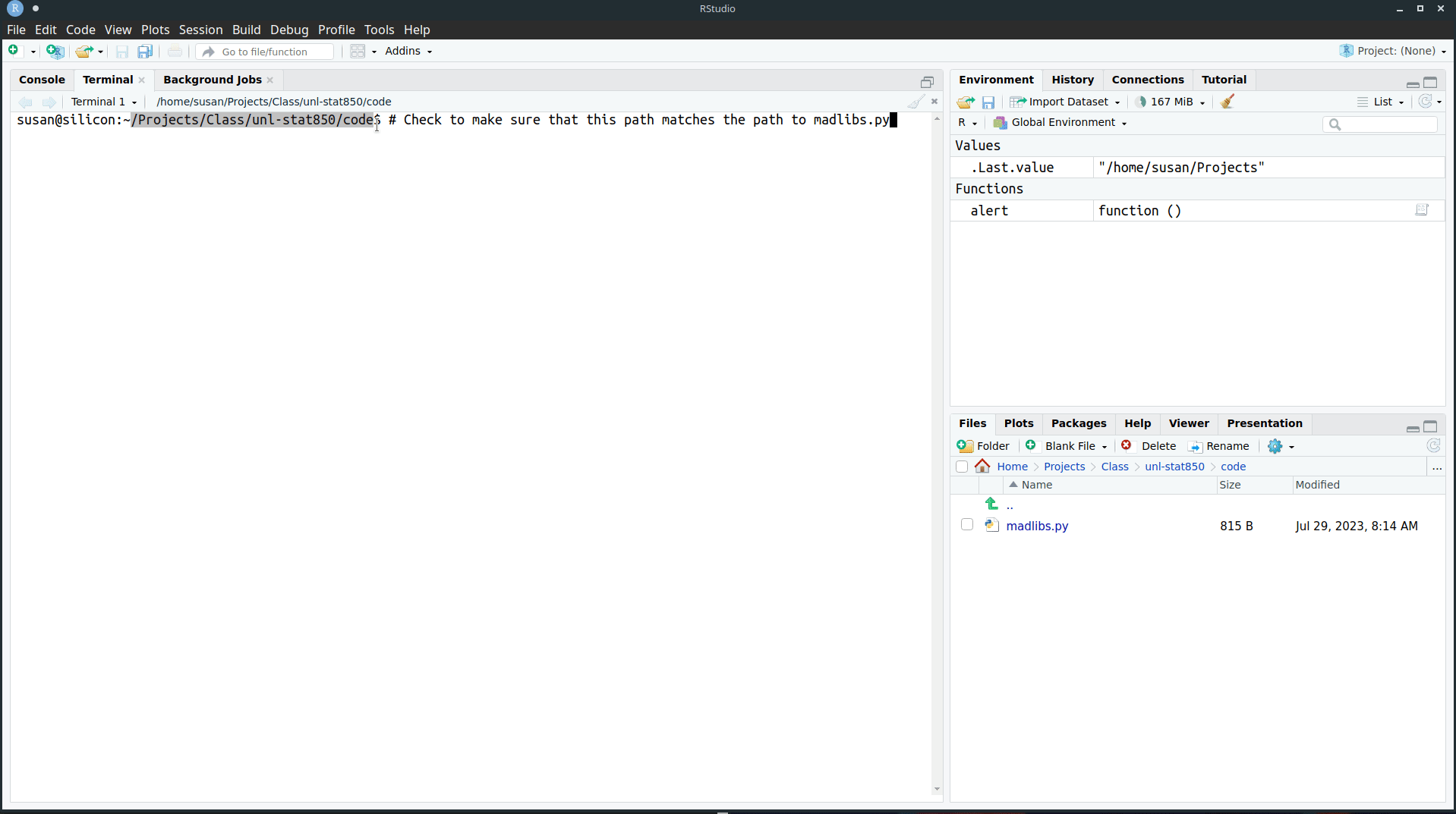Use the terminal tab in RStudio. Ensure the path matches the path to madlibs.py on your machine. Type 'python madlibs.py' (or python3 madlibs.py, depending on your machine) into the terminal and hit enter. A set of prompts will appear sequentially asking for parts of speech. For each prompt, enter an appropriate word and hit enter. At the end, you will get a madlibs-style poem.
