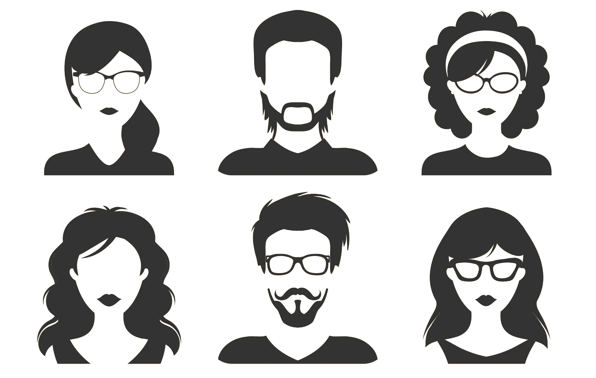A cartoon view of 6 heads showing only gross features such as hair, glasses, and facial hair.
